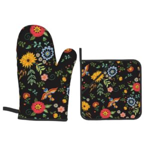 Colorful Floral Birds Oven Mitts and Pot Holders Sets of 4,Non-Slip Heat Resistant Oven Gloves for Baking Cooking Grilling BBQ