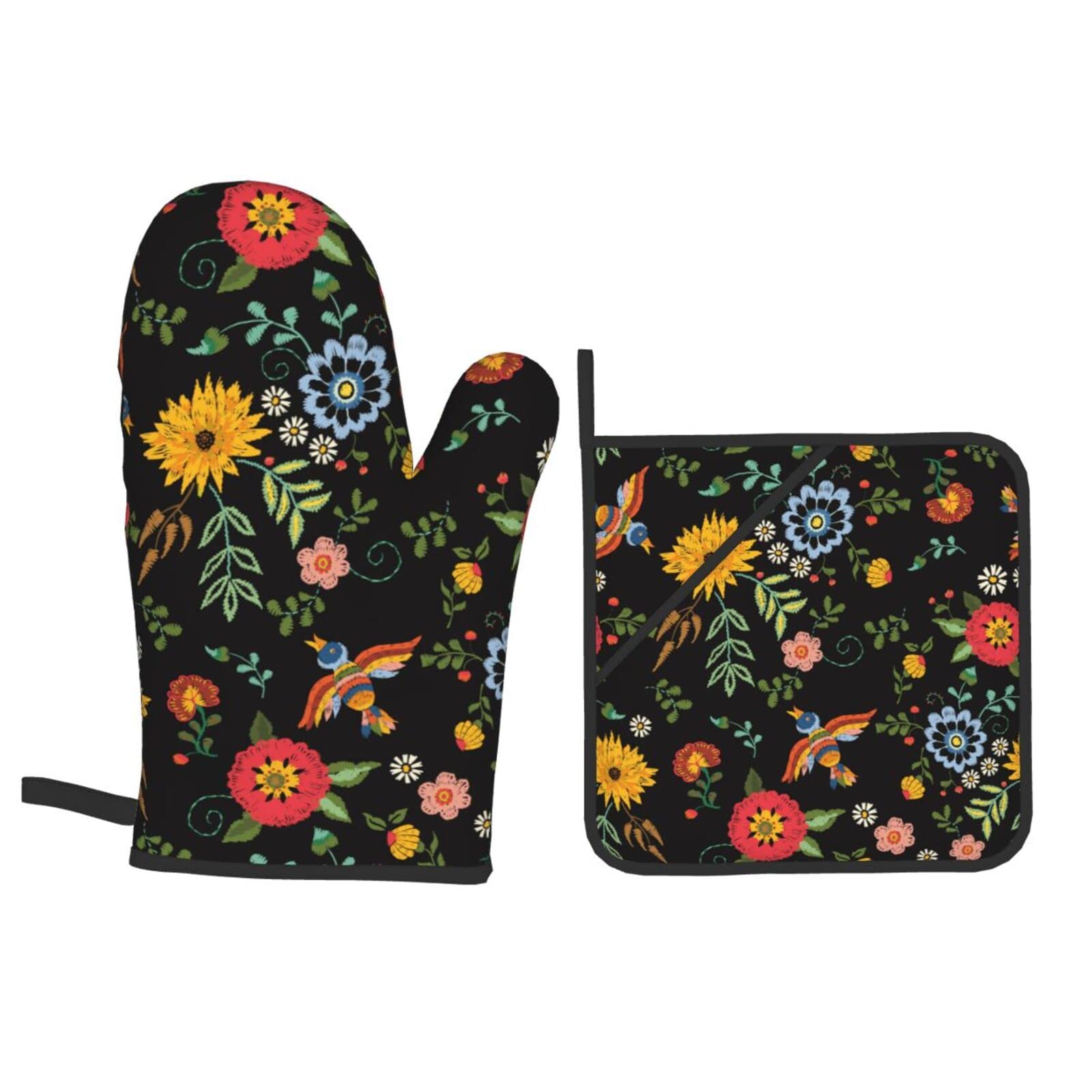 Colorful Floral Birds Oven Mitts and Pot Holders Sets of 4,Non-Slip Heat Resistant Oven Gloves for Baking Cooking Grilling BBQ