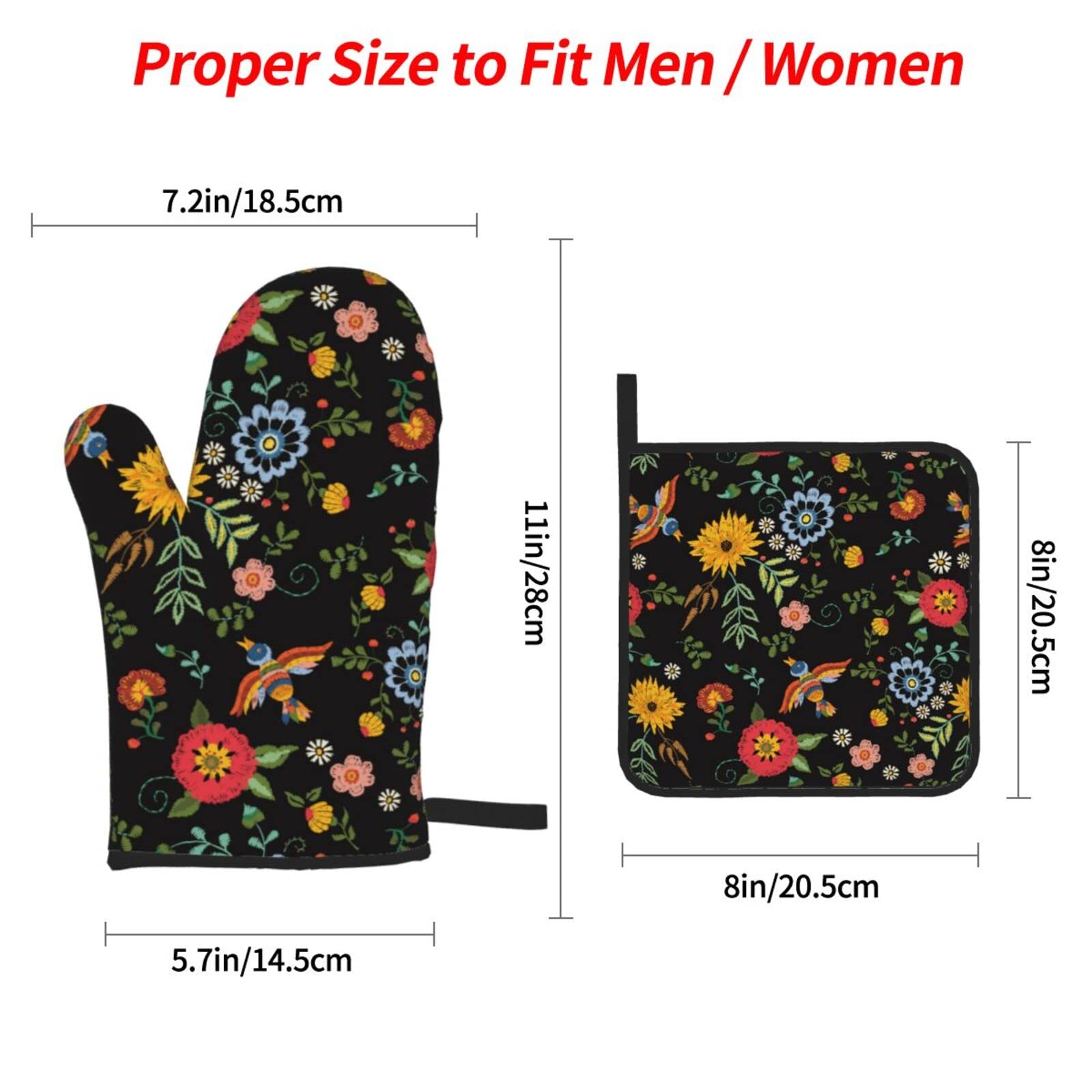 Colorful Floral Birds Oven Mitts and Pot Holders Sets of 4,Non-Slip Heat Resistant Oven Gloves for Baking Cooking Grilling BBQ