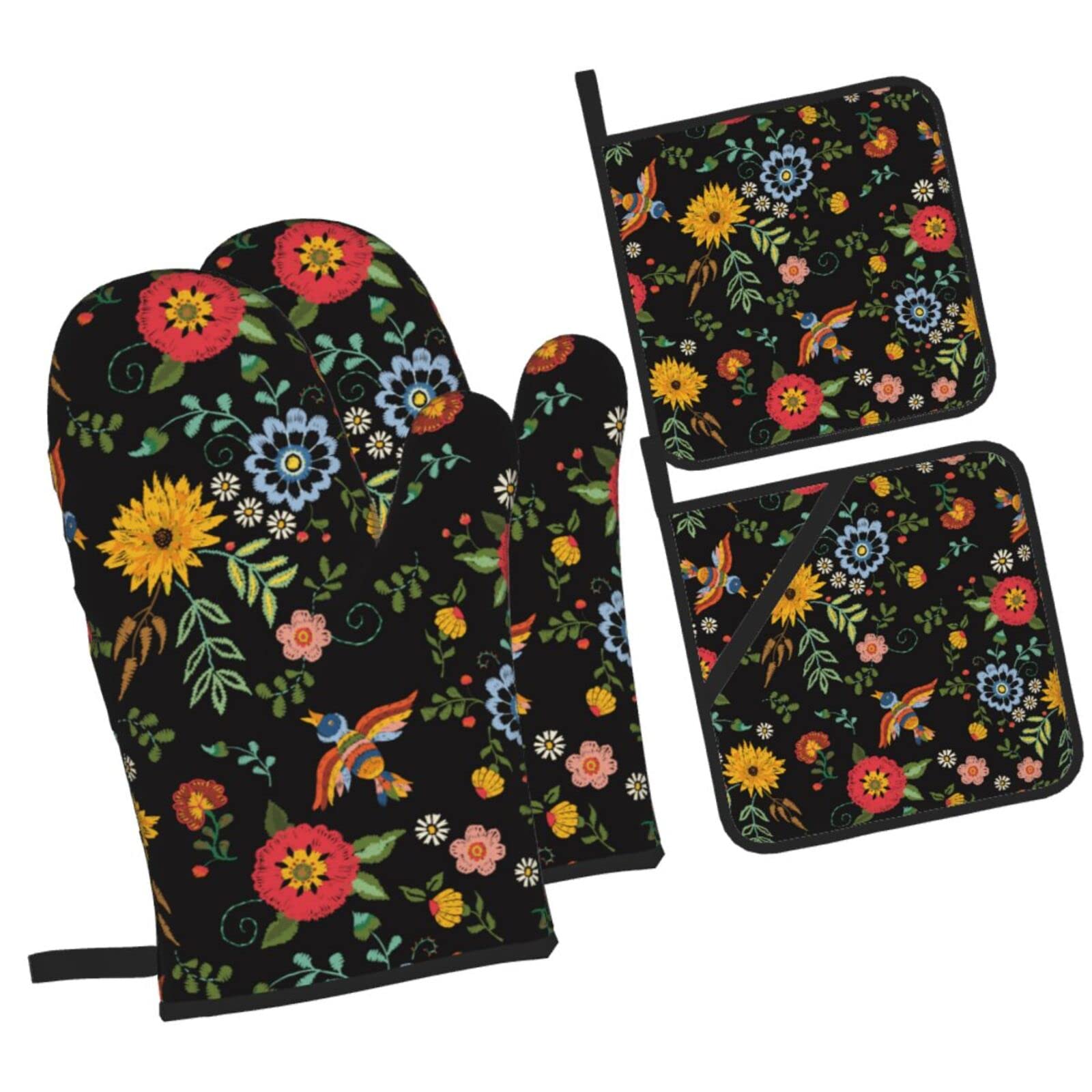 Colorful Floral Birds Oven Mitts and Pot Holders Sets of 4,Non-Slip Heat Resistant Oven Gloves for Baking Cooking Grilling BBQ