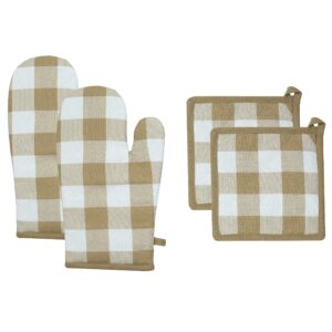 purpleessences buffalo check kitchen collection pot holders and oven mitts sets with hanging loop - heat resistant non-slip washable – ideal hot pads for cooking baking bbq - 4-piece set beige/white