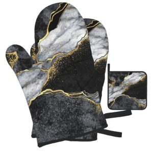 oven mitts and pot holders sets of 3 black marble gold crack kitchen potholder gloves heat resistant non-slip for chef baking cooking grilling bbq mittens