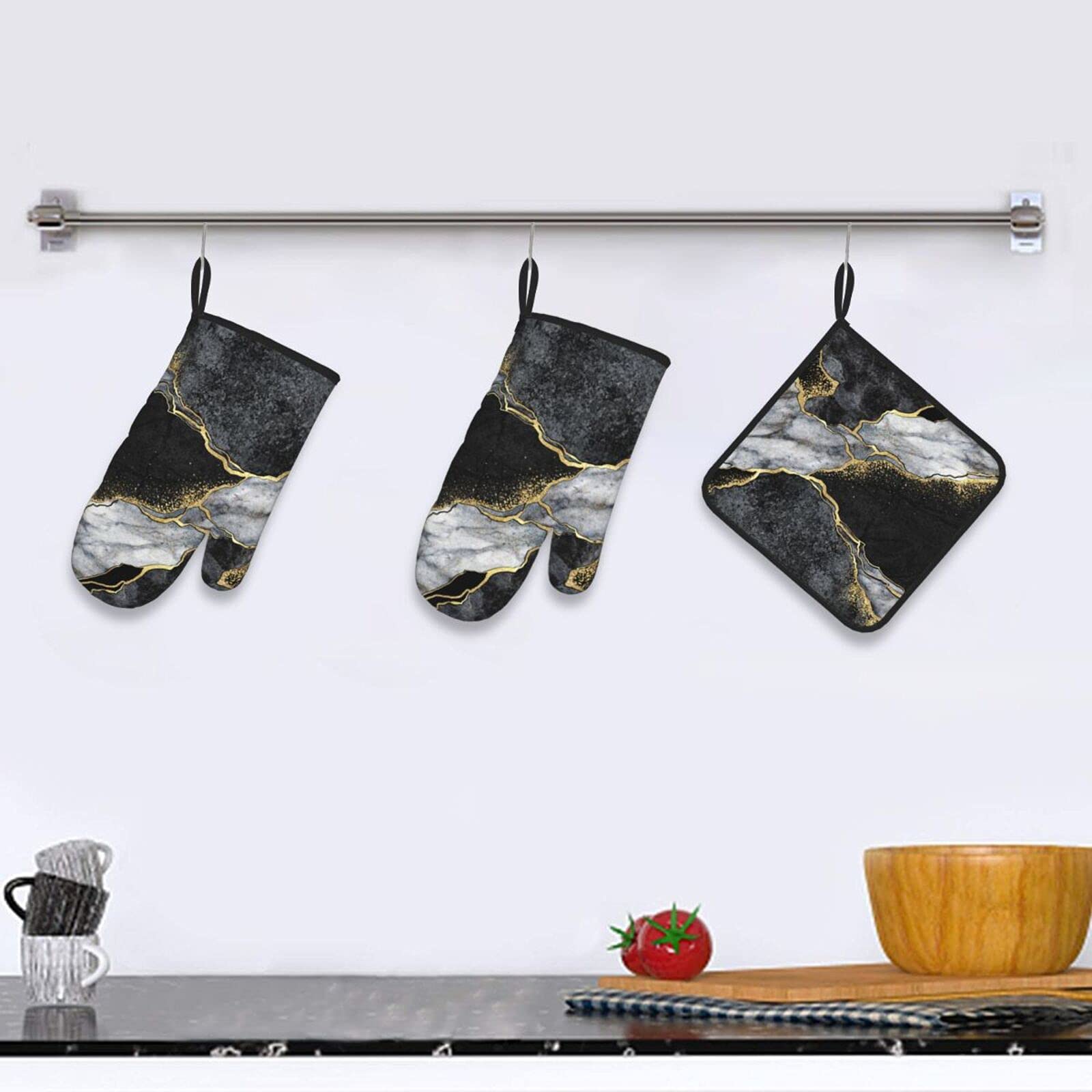 Oven Mitts and Pot Holders Sets of 3 Black Marble Gold Crack Kitchen Potholder Gloves Heat Resistant Non-Slip for Chef Baking Cooking Grilling BBQ Mittens