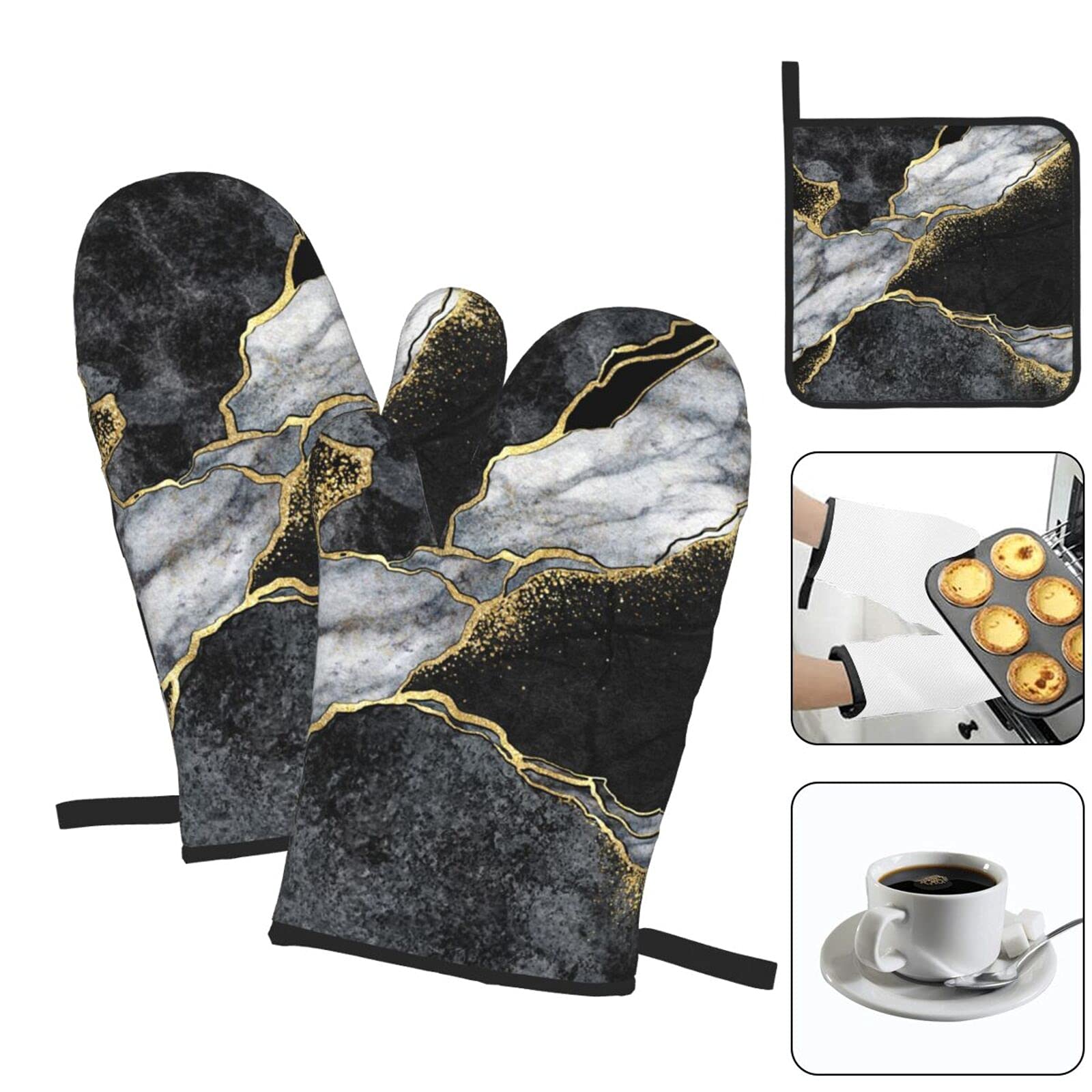 Oven Mitts and Pot Holders Sets of 3 Black Marble Gold Crack Kitchen Potholder Gloves Heat Resistant Non-Slip for Chef Baking Cooking Grilling BBQ Mittens