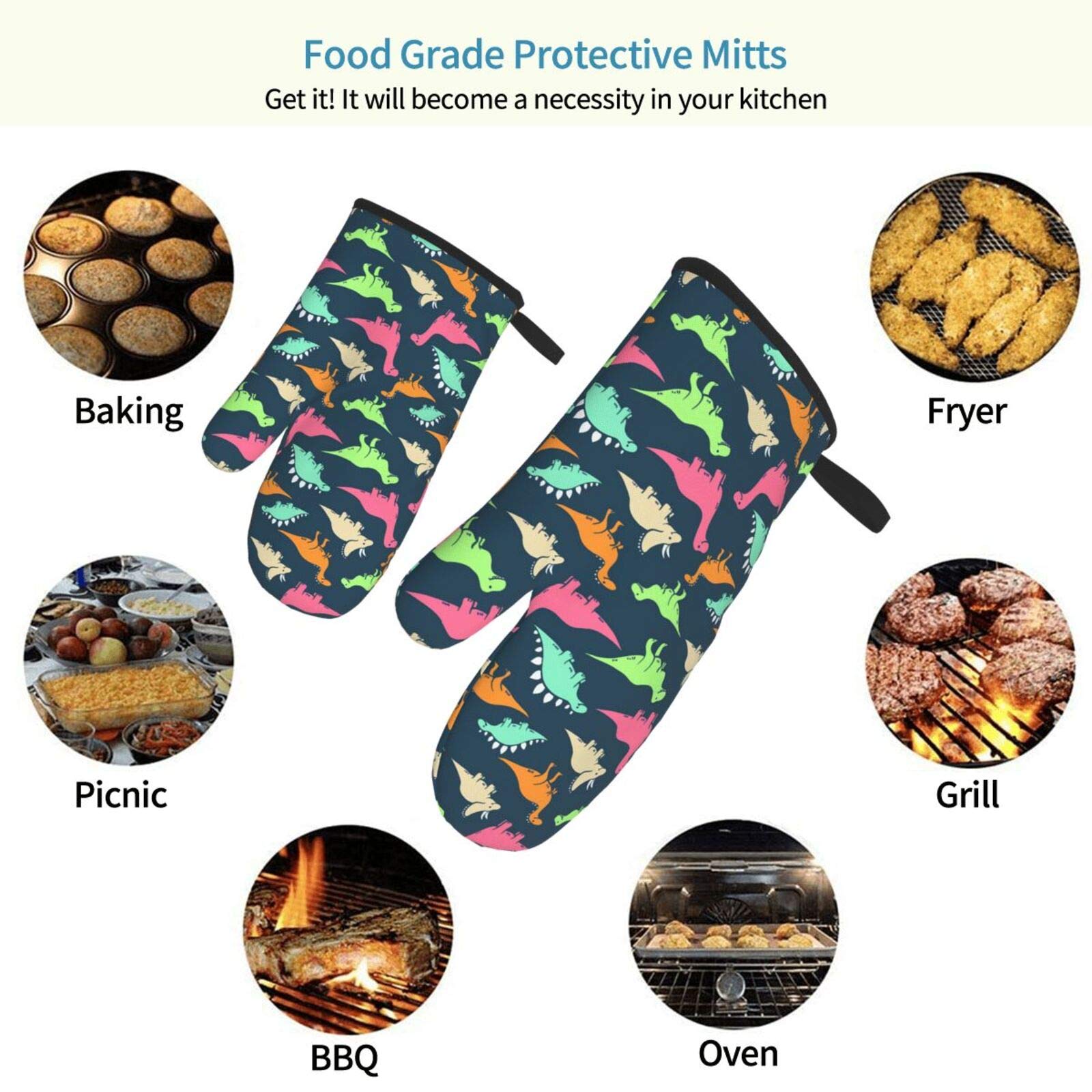 2 Piece Set Oven Mitts, Colorful Dinosaur Animal Baking Glove for Cooking BBQ