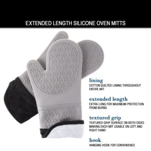 Silicone Oven Mitts – Extra Long Professional Quality Heat Resistant with Quilted Lining and 2-sided Textured Grip – 1 pair Gray by Lavish Home