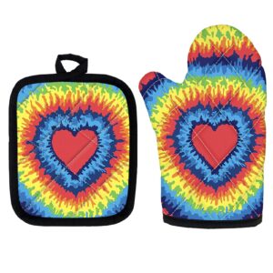 joaifo heart tie dye prints stylish oven mitts set for bbq barking,premium heat resistant over glover and pot holders non slip accessories