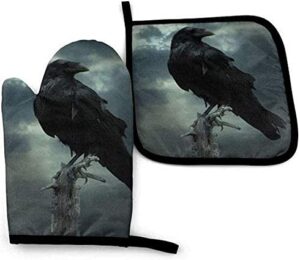 raven oven mitt and pot holder kitchen set of 2: heat resistant oven mittens and hot pads potholders for kitchen