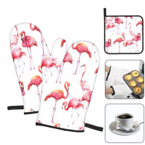 Moslion Outdoor Tropical Flamingo Oven Mitts and Potholders Watercolor Pink Flamingos Birds Animals Exotic Cute BBQ Gloves-Oven Mitts Pot Holders Cooking Gloves for Cooking Baking Grilling