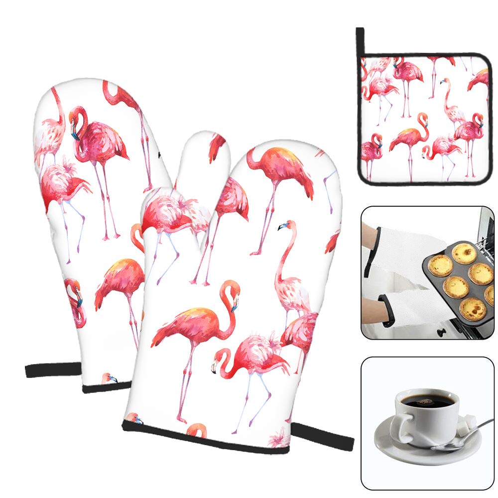 Moslion Outdoor Tropical Flamingo Oven Mitts and Potholders Watercolor Pink Flamingos Birds Animals Exotic Cute BBQ Gloves-Oven Mitts Pot Holders Cooking Gloves for Cooking Baking Grilling