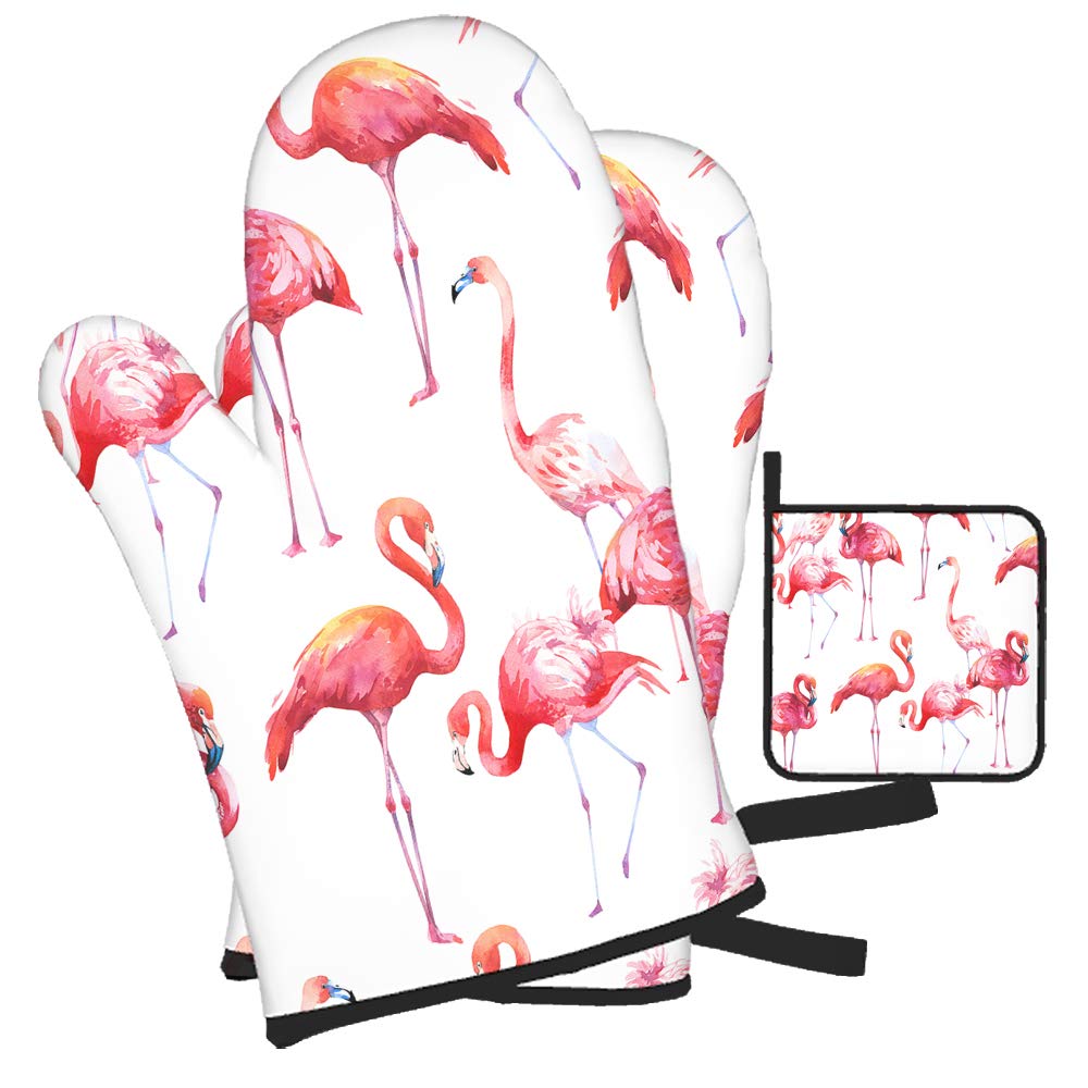 Moslion Outdoor Tropical Flamingo Oven Mitts and Potholders Watercolor Pink Flamingos Birds Animals Exotic Cute BBQ Gloves-Oven Mitts Pot Holders Cooking Gloves for Cooking Baking Grilling