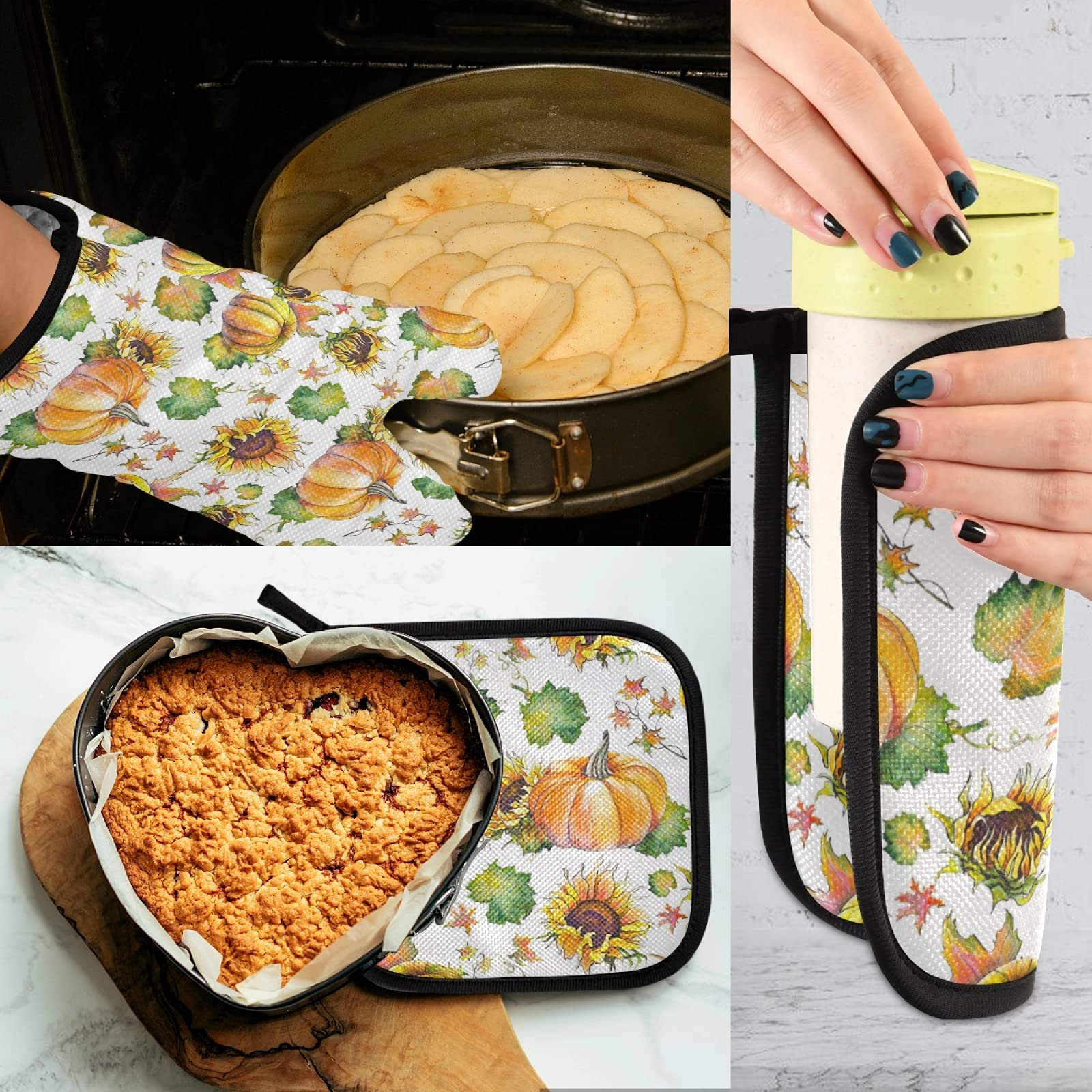 Autumn Pumpkin Sunflower Thanksgiving Oven Mitts and Pot Holders Fall Harvest Oven Mitts Potholders Mittens for Kitchen Cooking BBQ Baking Bakeware