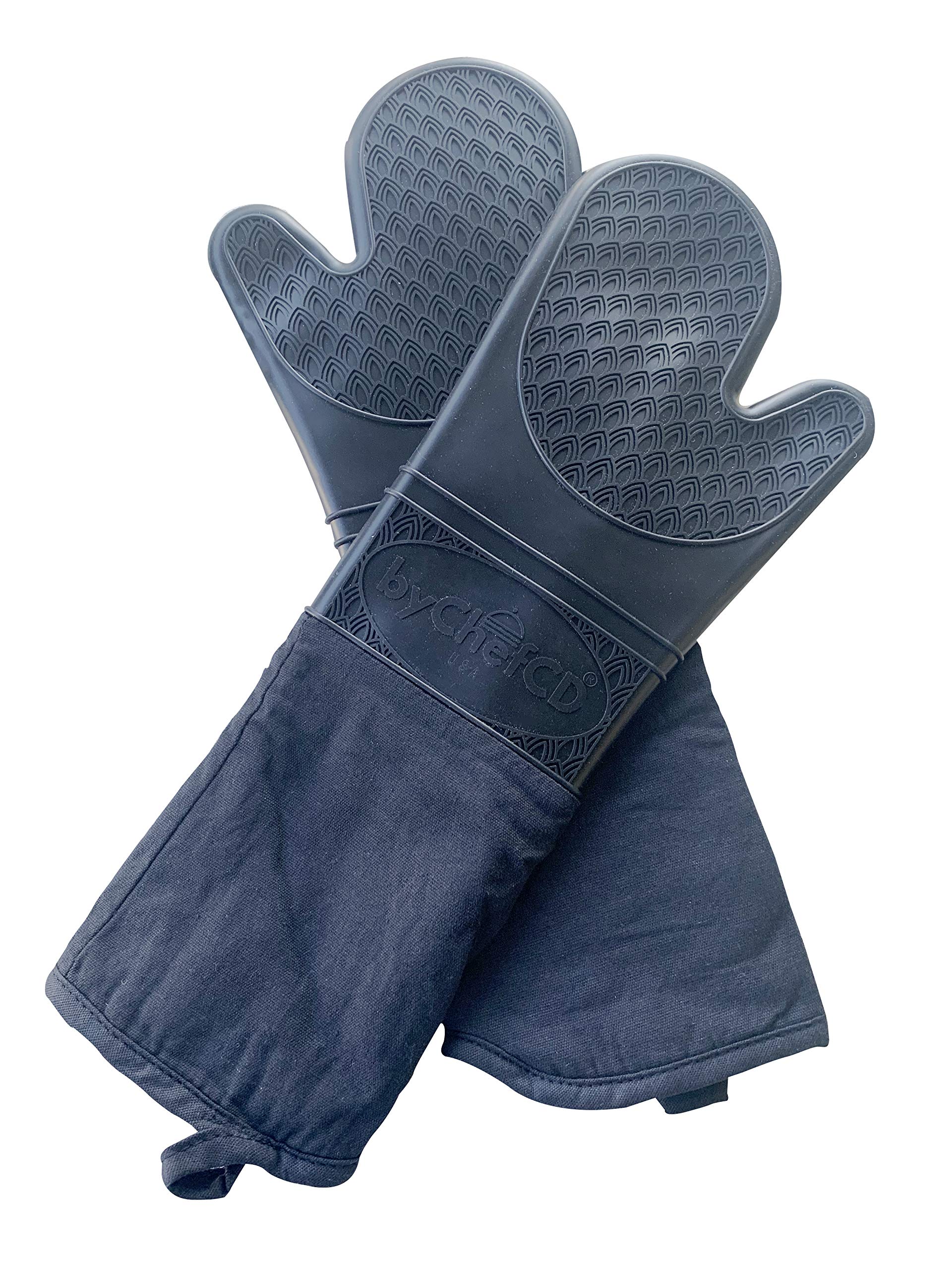 Extra Long Silicone Oven Mitts - Silicone Mitts, Heat Resistant Mitts, Non-Slip Professional Cooking Mitts, Kitchen Potholders and Oven Mitts, Heat Resistant Grill Gloves, Oven Mitts (Black, X-Long)