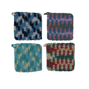 creative co-op square cotton crocheted, set of 4 styles, multicolor pot holder, multi