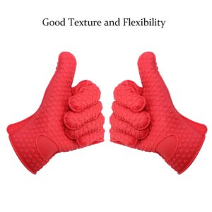 JOVEHO Silicone Non-Slip Oven Mitts, Heat Resistant Gloves, Waterproof Oven Gloves, Kitchen Oven Mitts for BBQ, Cooking, Baking, Frying-Red