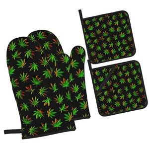 oven mitts and pot holders sets weed leaf print oven gloves heat resistant potholders 4 pcs set washable non-slip bbq gloves with hanging loop for women men kitchen baking cooking grilling