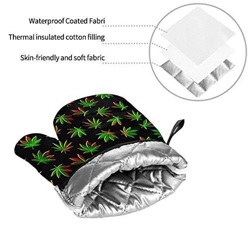 Oven Mitts and Pot Holders Sets Weed Leaf Print Oven Gloves Heat Resistant Potholders 4 Pcs Set Washable Non-Slip BBQ Gloves with Hanging Loop for Women Men Kitchen Baking Cooking Grilling