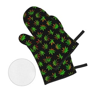 Oven Mitts and Pot Holders Sets Weed Leaf Print Oven Gloves Heat Resistant Potholders 4 Pcs Set Washable Non-Slip BBQ Gloves with Hanging Loop for Women Men Kitchen Baking Cooking Grilling