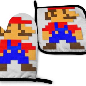 HENGE Pixel Mario Oven Mitts and Pot Holders Sets of 2,Resistant Hot Pads,Flexible Cooking Oven Gloves for Microwave BBQ Cooking Baking Grilling