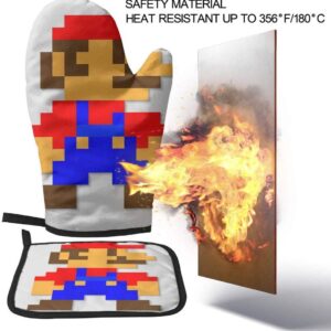 HENGE Pixel Mario Oven Mitts and Pot Holders Sets of 2,Resistant Hot Pads,Flexible Cooking Oven Gloves for Microwave BBQ Cooking Baking Grilling