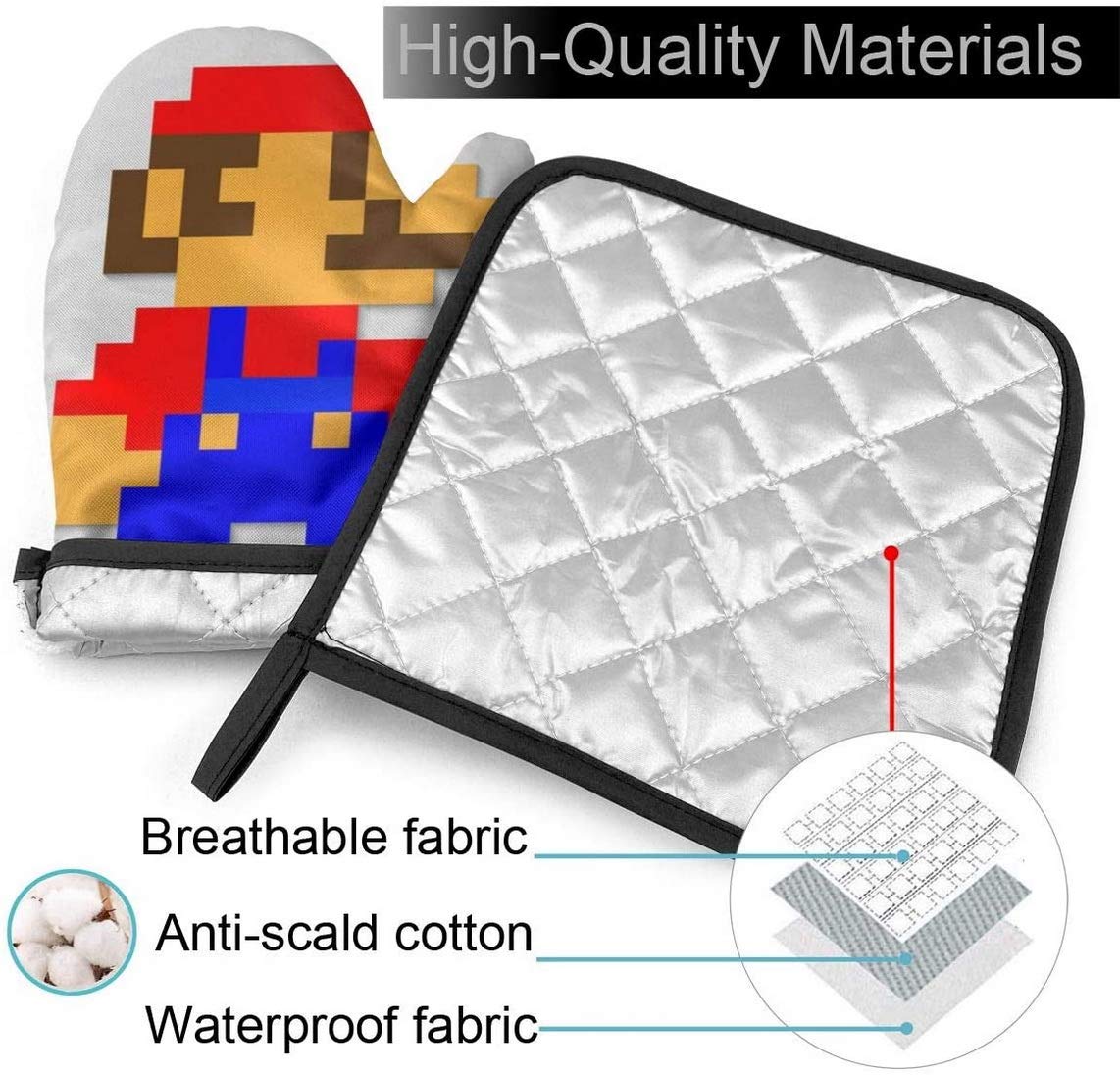 HENGE Pixel Mario Oven Mitts and Pot Holders Sets of 2,Resistant Hot Pads,Flexible Cooking Oven Gloves for Microwave BBQ Cooking Baking Grilling