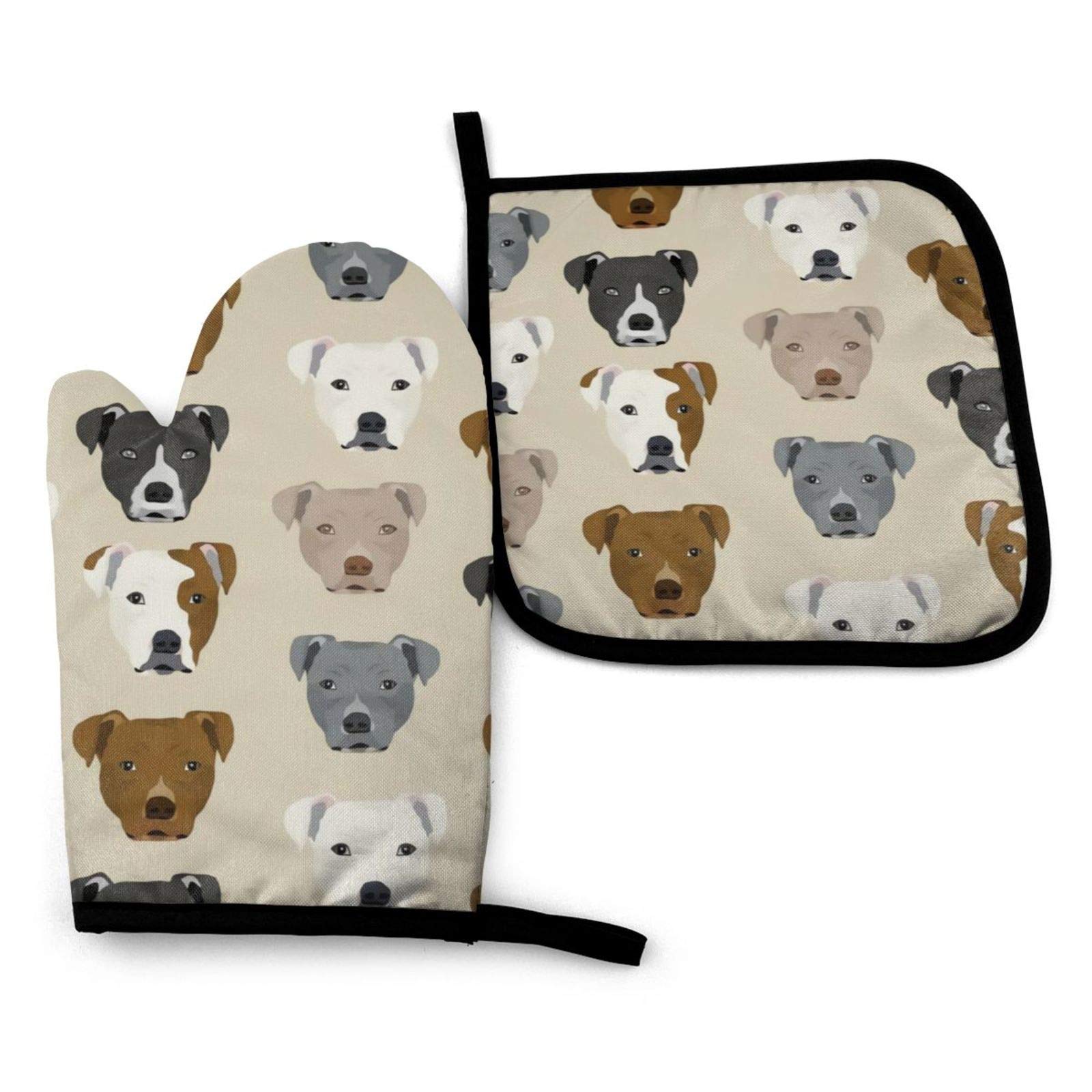 Pitbull Heads Oven Mitts and Pot Holders Set Kitchen Gift Set for Kitchen Cooking Baking, BBQ