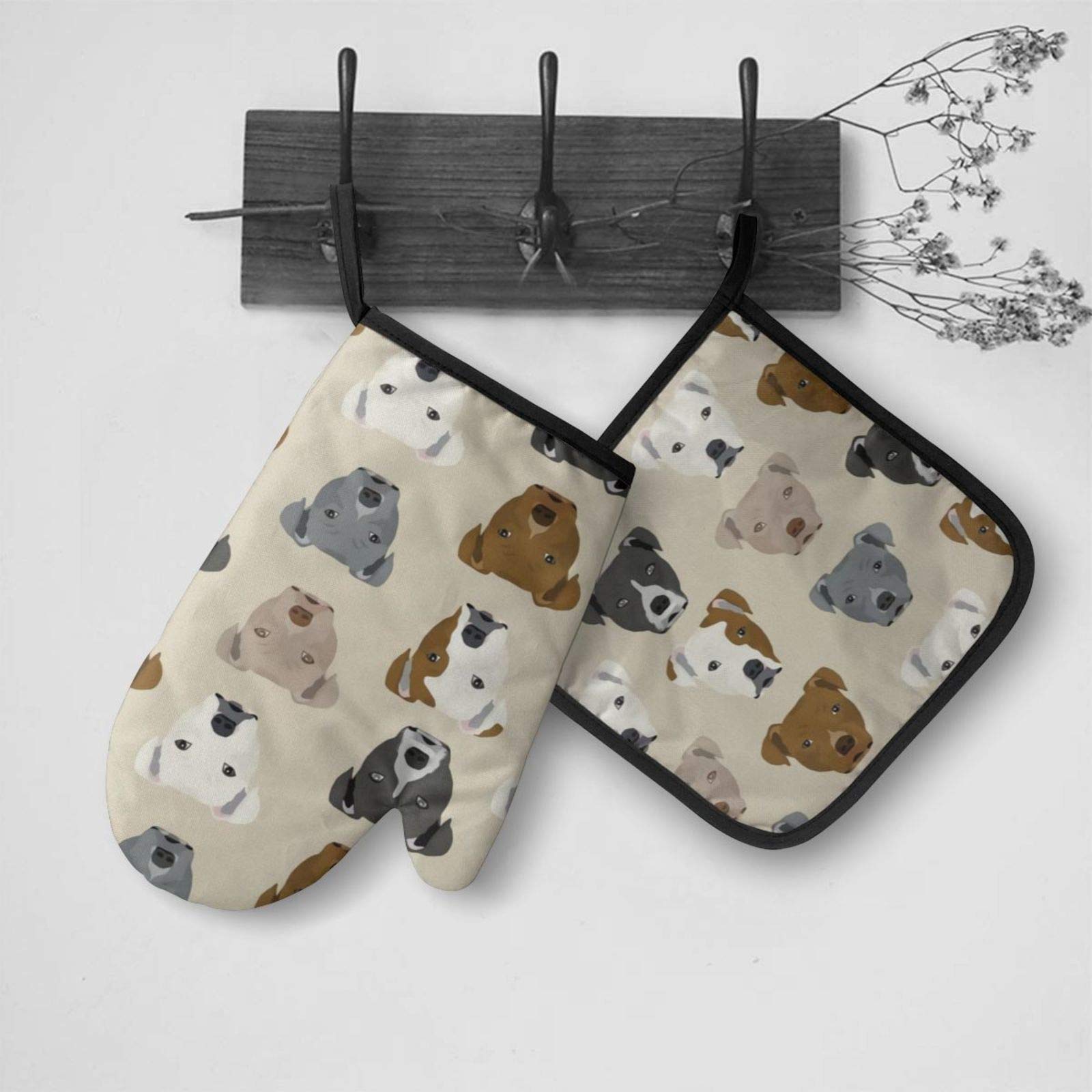 Pitbull Heads Oven Mitts and Pot Holders Set Kitchen Gift Set for Kitchen Cooking Baking, BBQ