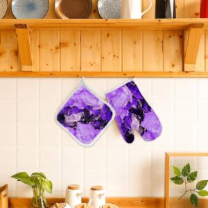 Cooking Gloves and Pot Holders, Ancient Chinese Art Marble Texture Purple Gold Ink Heat Resistant Oven Mitts & Hot Pads with Quilted Cotton Lining for Kitchen Baking,2 pcs Set