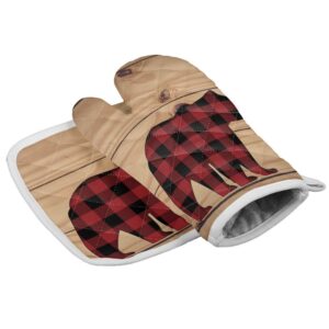 kitchen oven mitts and potholders set, buffalo check plaid bear wood rustic heat resistant padded cooking gloves&pot holder non-slip for bbq baking grilling, red black