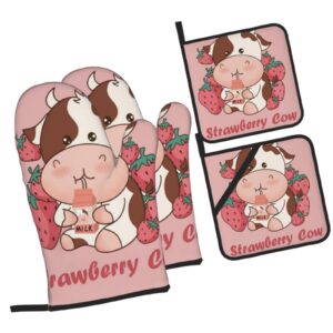 strawberries and cows drinking milk insulated family friends oven mitts and pot holders sets of 4