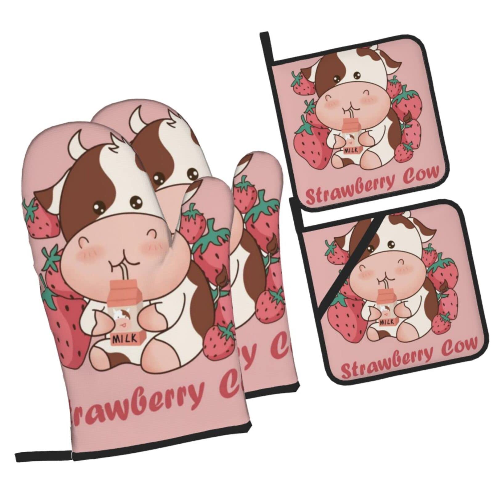 Strawberries and Cows Drinking Milk Insulated Family Friends Oven Mitts and Pot Holders Sets of 4