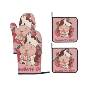 Strawberries and Cows Drinking Milk Insulated Family Friends Oven Mitts and Pot Holders Sets of 4