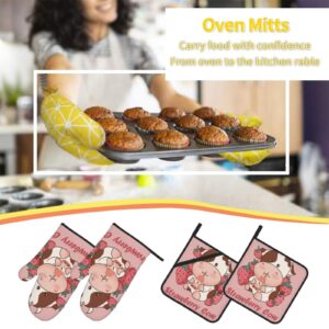 Strawberries and Cows Drinking Milk Insulated Family Friends Oven Mitts and Pot Holders Sets of 4