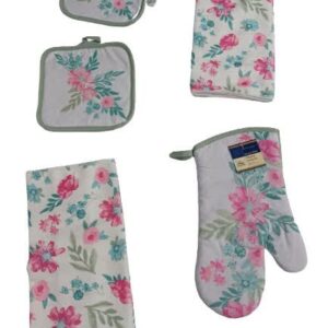 JABECS 5 Pieces Spring Flowers 2 Pot Holder 2 Kitchen Towels 1 Cooking Oven Mittens. (5, Polyester, Microfiber, Cotton)