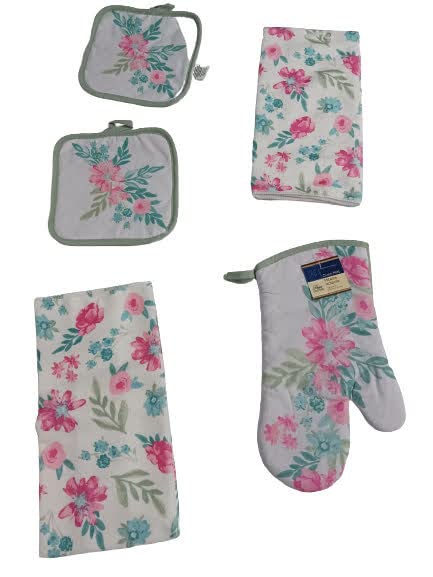 JABECS 5 Pieces Spring Flowers 2 Pot Holder 2 Kitchen Towels 1 Cooking Oven Mittens. (5, Polyester, Microfiber, Cotton)