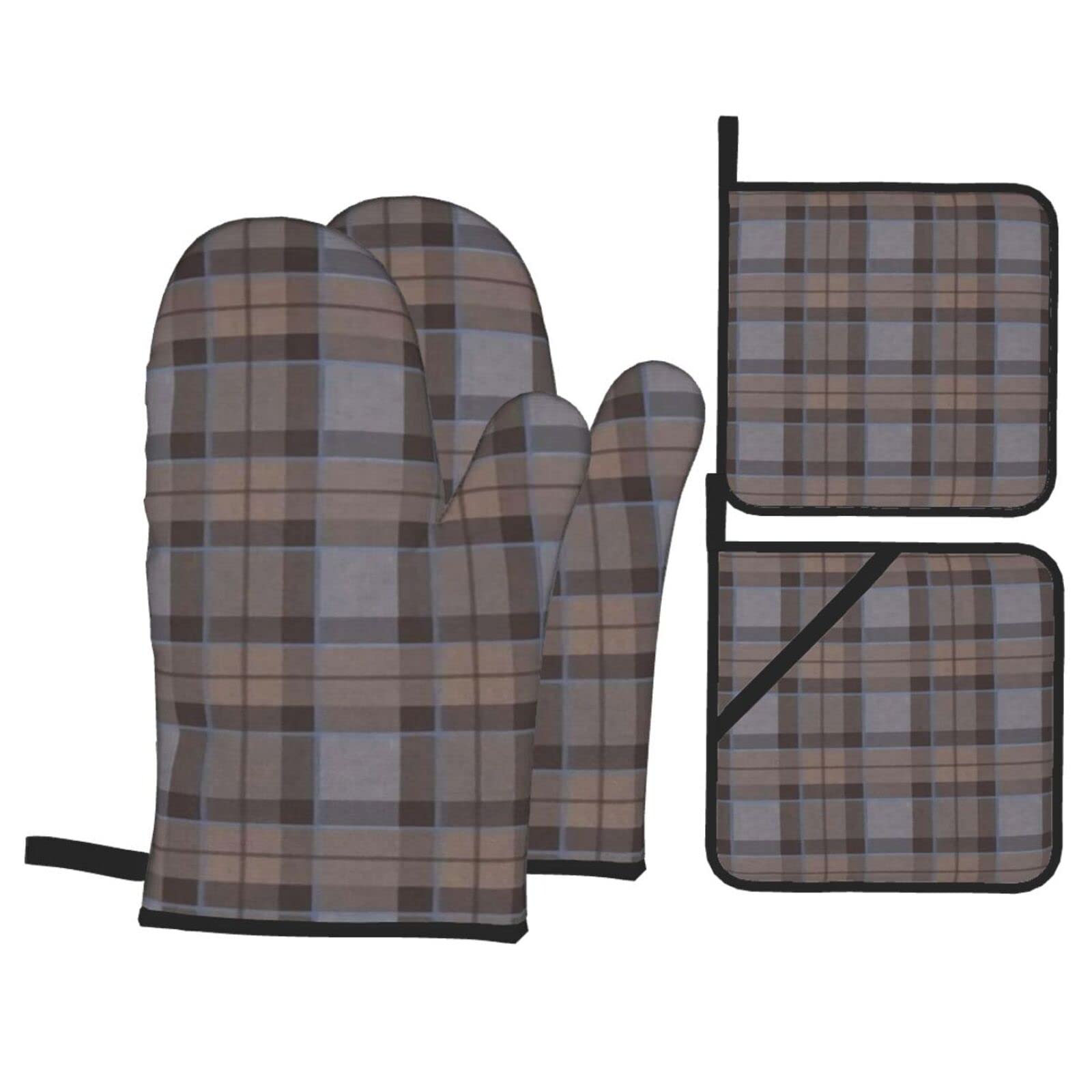 4pcs Oven Mitts and Pot Holders Set Outlander Fraser Tartan Plaid Heat Resistant Oven Gloves Non-Slip Hot Pads for BBQ Cooking Baking