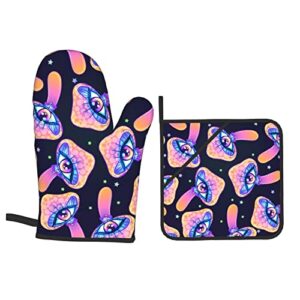 Oven Mitts and Pot Holders Sets of 4 High Heat Resistant Trippy Mushrooms Magic Hippie Oven Mitts with Oven Gloves and Hot Pads Potholders for Kitchen Baking Cooking BBQ Non-Slip Cooking Mitts