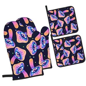 Oven Mitts and Pot Holders Sets of 4 High Heat Resistant Trippy Mushrooms Magic Hippie Oven Mitts with Oven Gloves and Hot Pads Potholders for Kitchen Baking Cooking BBQ Non-Slip Cooking Mitts