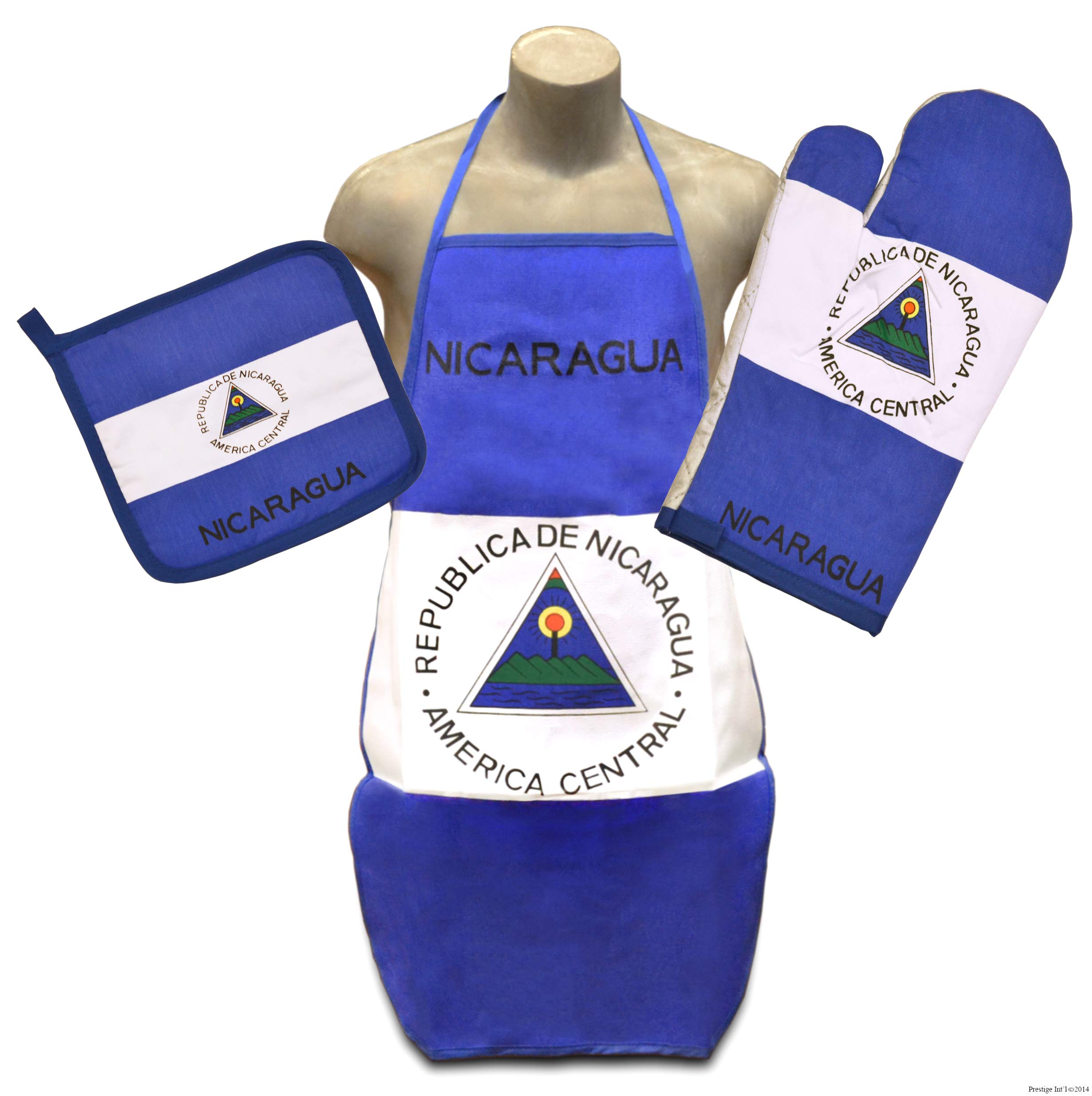 Nicaragua Flag Kitchen & BBQ Set w/ Apron, Oven-mitt & Pot-holder Nicaraguan