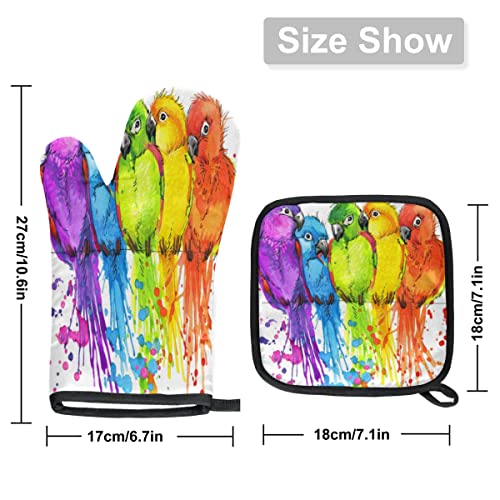 QsirBC Rainbow Color Parrots Oven Mitts Kitchen Oven Gloves for Cooking Baking Heat Resistant Lining Cotton Potholder Pot Holders Hot Pads for Chef Women Men