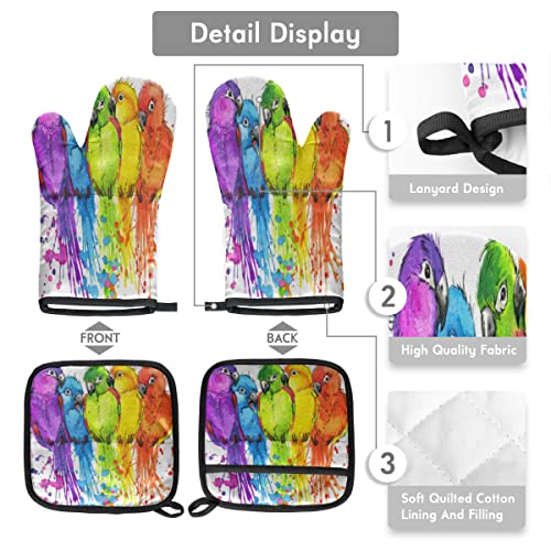 QsirBC Rainbow Color Parrots Oven Mitts Kitchen Oven Gloves for Cooking Baking Heat Resistant Lining Cotton Potholder Pot Holders Hot Pads for Chef Women Men