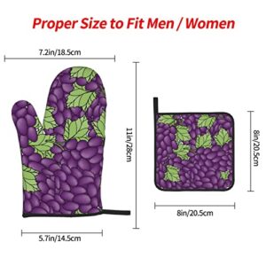 Grape Oven Mitts and Pot Holders Sets for Kitchen Heat Resistant Oven Mit Gloves Non Slip Hot Pads for Cooking Grill Purple