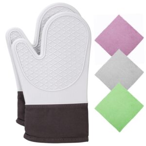 MKLINSIYU Silicone Kitchen Oven Mitts，Heat Resistant 500 Degrees，Oven Mitts Set，Waterproof Flexible Glove and Quilted Liner for Oven Cooking, Grill & BBQ (Light Grey), 12 x 5.7 x 0.75 inches