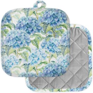 [pack of 2] pot holders for kitchen, washable heat resistant pot holders, hot pads, trivet for cooking and baking ( hydrangea watercolor )