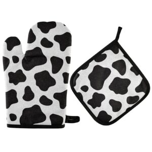 oven mitts and pot holders set high insulated oven gloves with heat insulation pad cow print soft cotton lining and non-slip surface kitchen mitten for safe bbq cooking baking