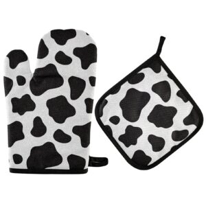 Oven Mitts and Pot Holders Set High Insulated Oven Gloves with Heat Insulation Pad Cow Print Soft Cotton Lining and Non-Slip Surface Kitchen Mitten for Safe BBQ Cooking Baking