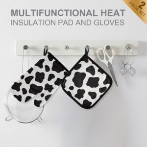 Oven Mitts and Pot Holders Set High Insulated Oven Gloves with Heat Insulation Pad Cow Print Soft Cotton Lining and Non-Slip Surface Kitchen Mitten for Safe BBQ Cooking Baking