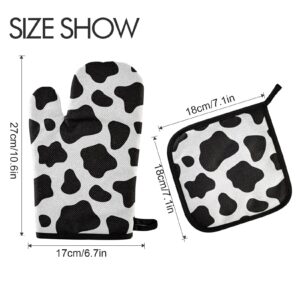 Oven Mitts and Pot Holders Set High Insulated Oven Gloves with Heat Insulation Pad Cow Print Soft Cotton Lining and Non-Slip Surface Kitchen Mitten for Safe BBQ Cooking Baking