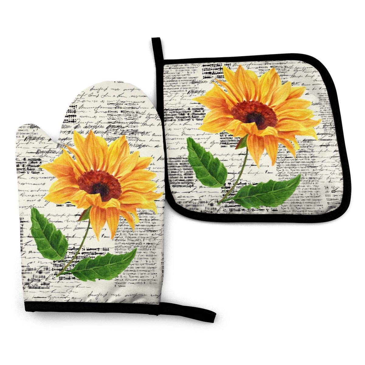 VunKo Watercolor Sunflowers Oven Mitts and Pot Holders Sets Heat Resistant Oven Gloves with Non-Slip Surface for Safe BBQ Cooking Baking Grilling Set of 2