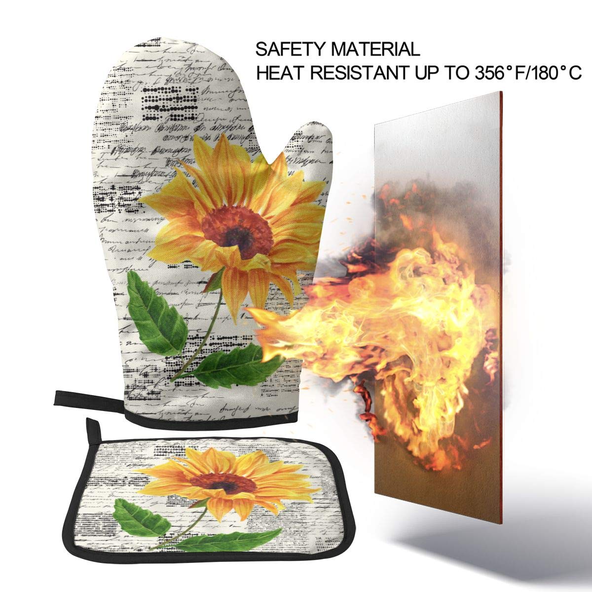 VunKo Watercolor Sunflowers Oven Mitts and Pot Holders Sets Heat Resistant Oven Gloves with Non-Slip Surface for Safe BBQ Cooking Baking Grilling Set of 2